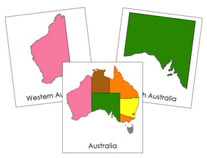 Australia States & Territories (color-coded) 3-Part Cards - Montessori Print Shop geography lesson