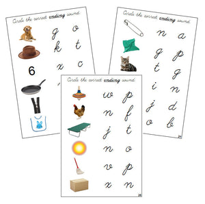 Step 1: Ending Sound Choice Cards (photos) - CURSIVE - Montessori Print Shop phonics lesson