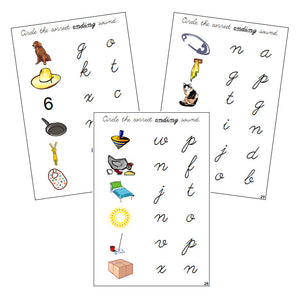Step 1: Ending Sound Choice Cards - CURSIVE - Montessori Print Shop phonics lesson