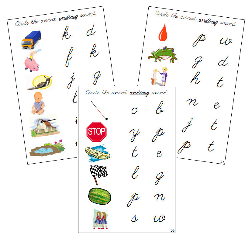 Step 2: Ending Sound Choice Cards - CURSIVE - Montessori Print Shop phonics lesson