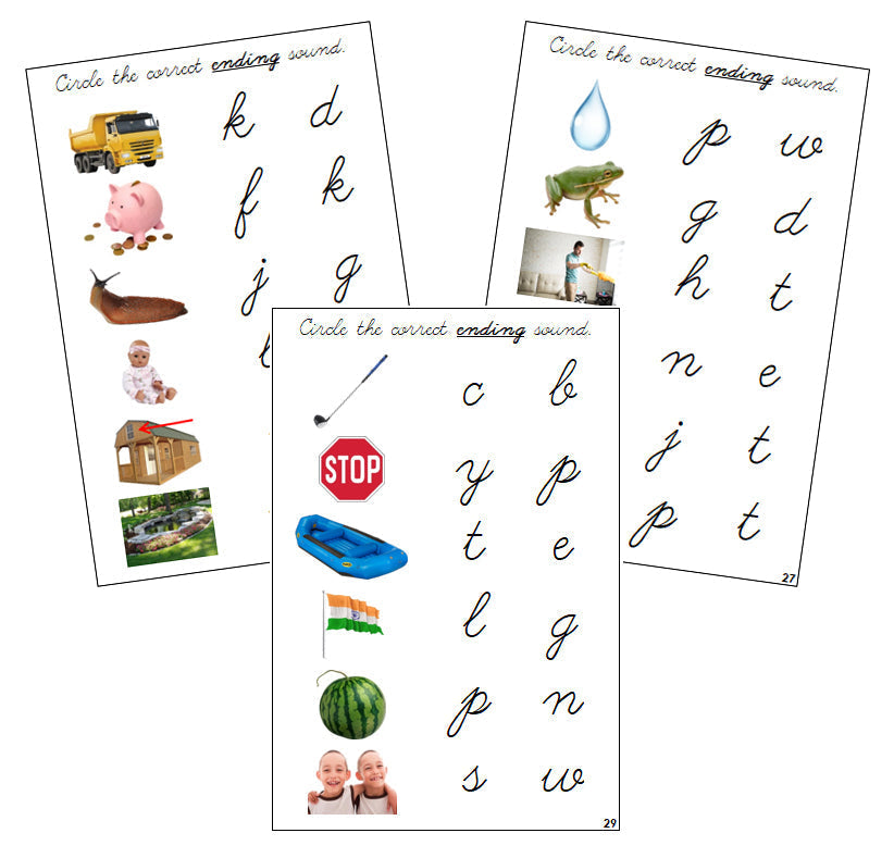 Step 2: Ending Sound Choice Cards (photos) - CURSIVE - Montessori Print Shop phonics lesson