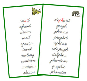 Green Phonogram Cards - Set 1 - CURSIVE - Montessori Print Shop phonogram lesson