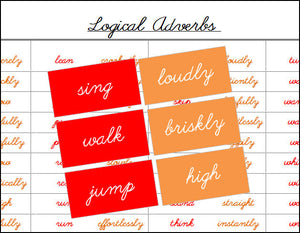 Logical Adverbs (color, cursive) - Montessori Print Shop Grammar Lesson