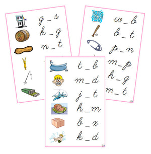 Pink Vowel Sound Cards - CURSIVE - Montessori Print Shop phonics lesson