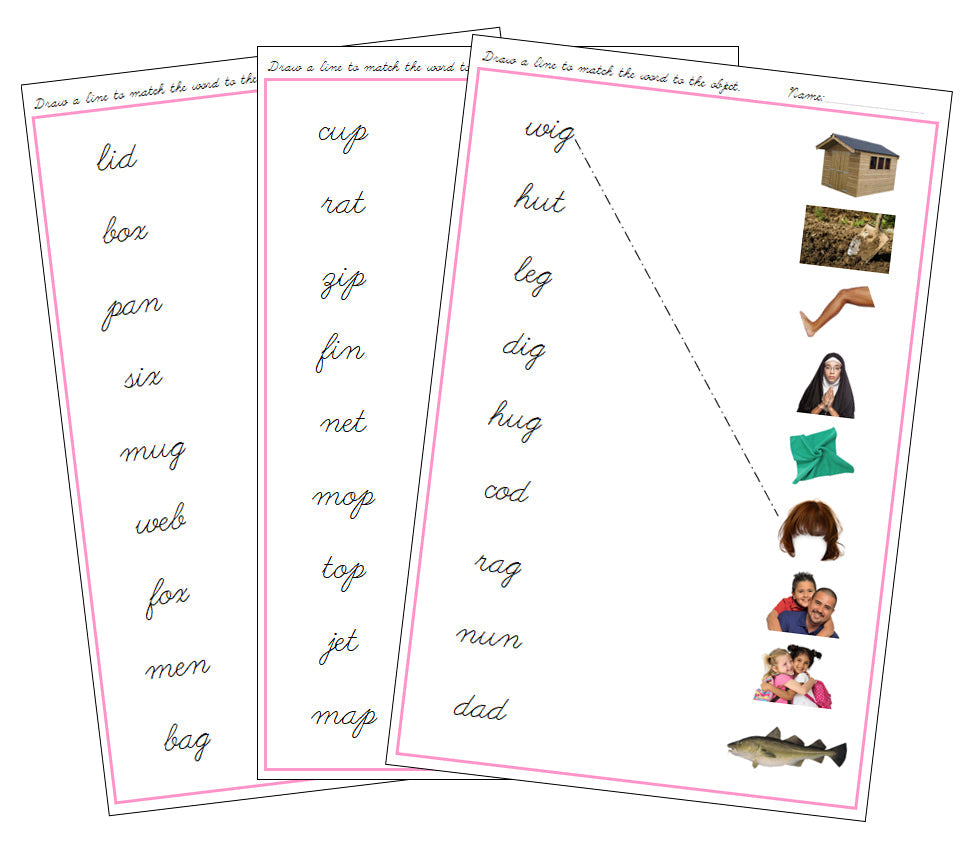 Pink Word & Picture Match (photos) - CURSIVE - Montessori Print Shop phonics lesson