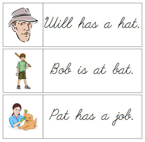Step 1: Sentence Cards - Set 1 - CURSIVE - Montessori Print Shop phonics lesson