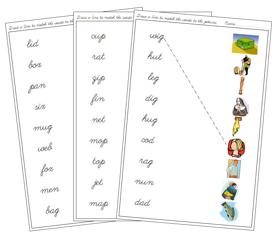 Step 1: Word & Picture Match - CURSIVE - Montessori Print Shop phonics lesson